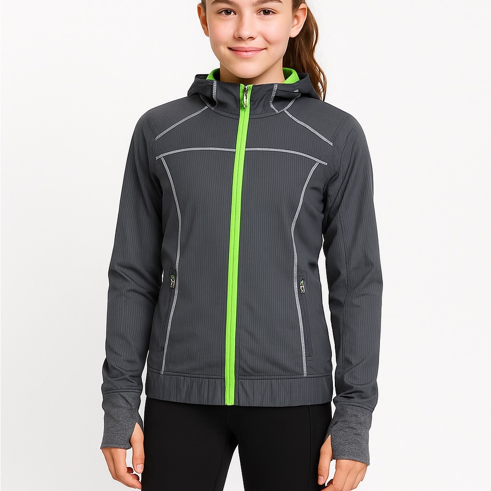 ivivva by Lululemon Gray Neon Green Zip Jacket Girls 14  packable hood cuffins